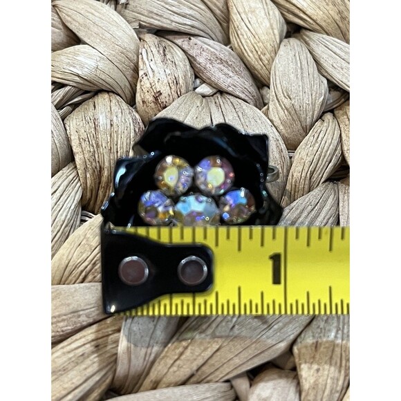 VTG Rhinestone Clip On Floral Earrings Black Enamel Aurora Borealis Whimsigoth - Picture 10 of 11